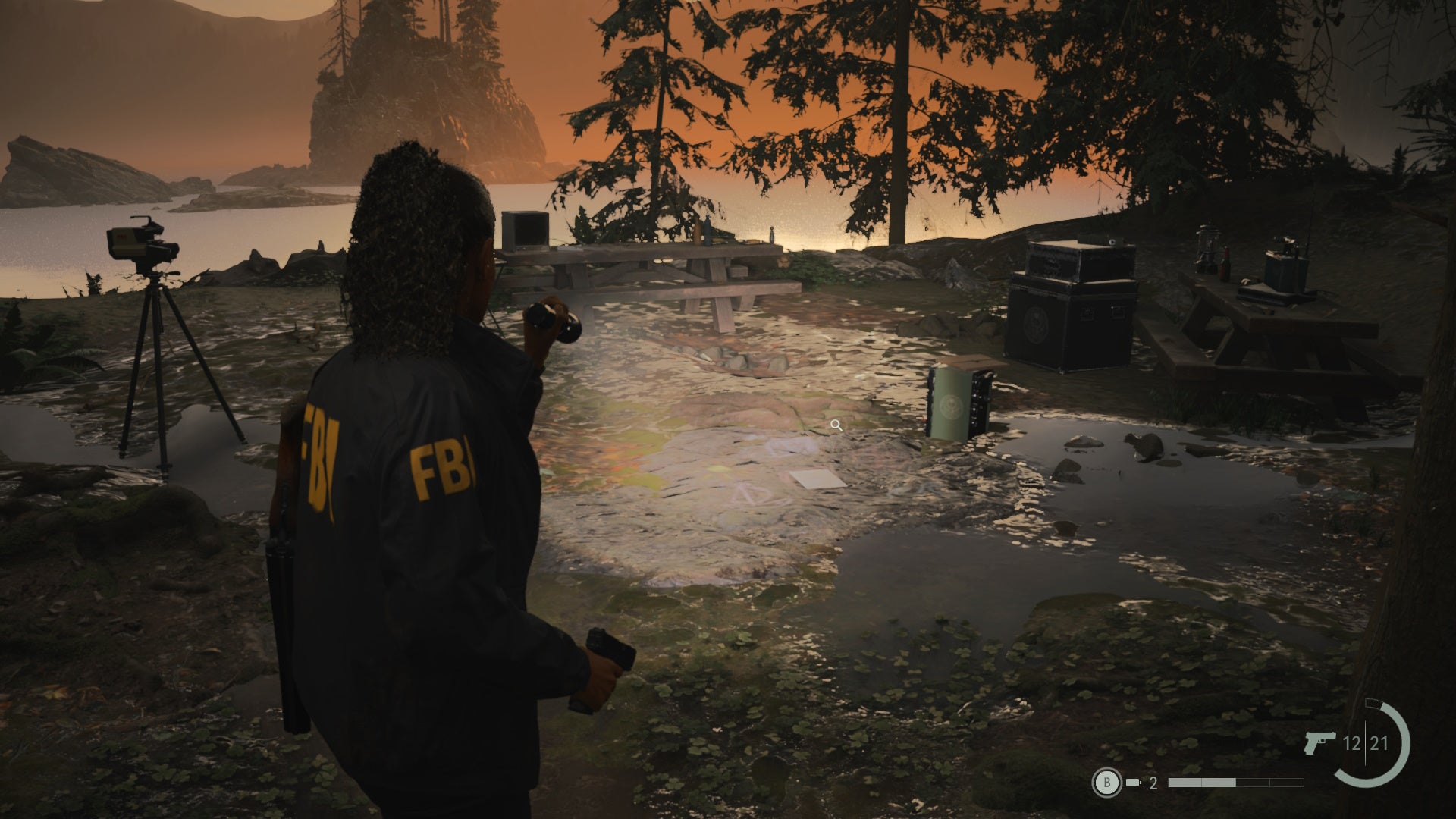 saga shining her flashlight on a nursery rhyme puzzle by the edge of a forest cliff