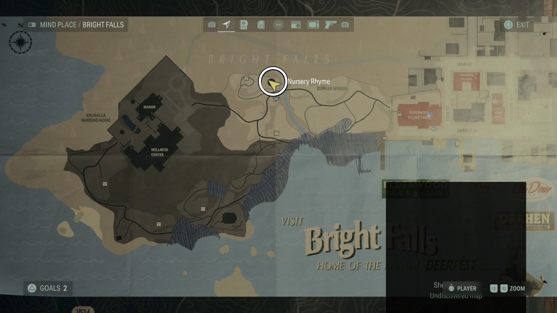 bright falls map with a nursery rhyme location circled