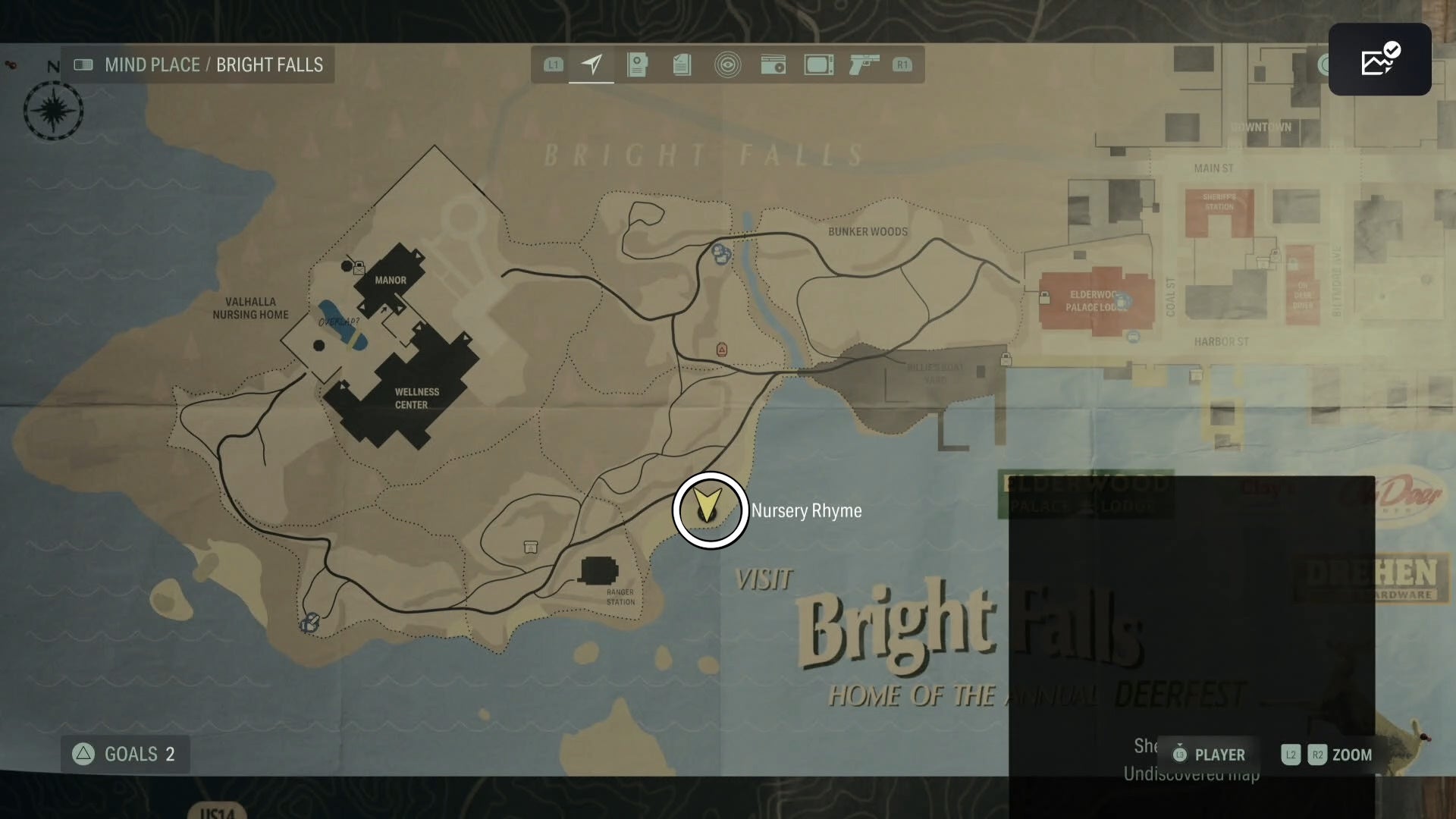 bright falls map with a nursery rhyme location circled