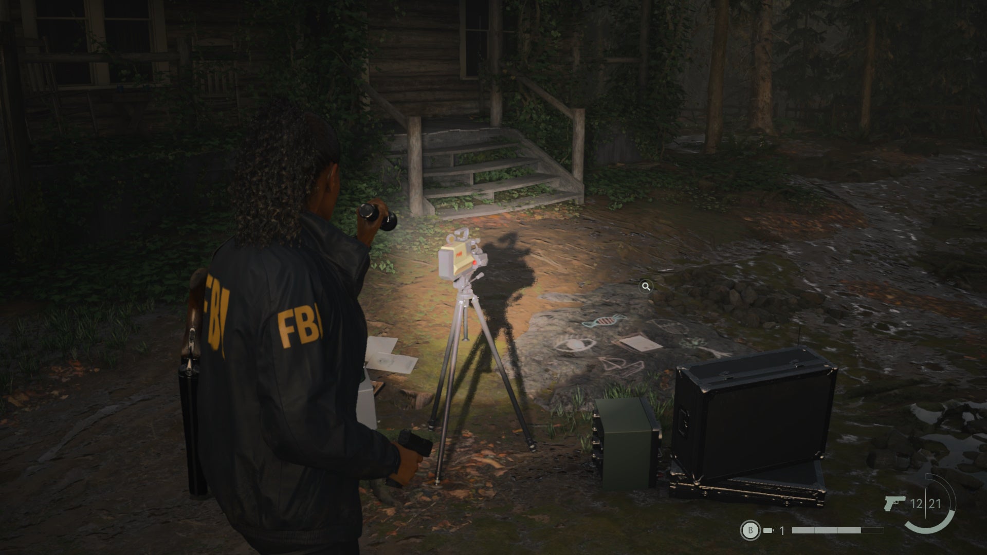 saga shining her flashlight on a nursery rhyme puzzle in front of a cabin in the woods