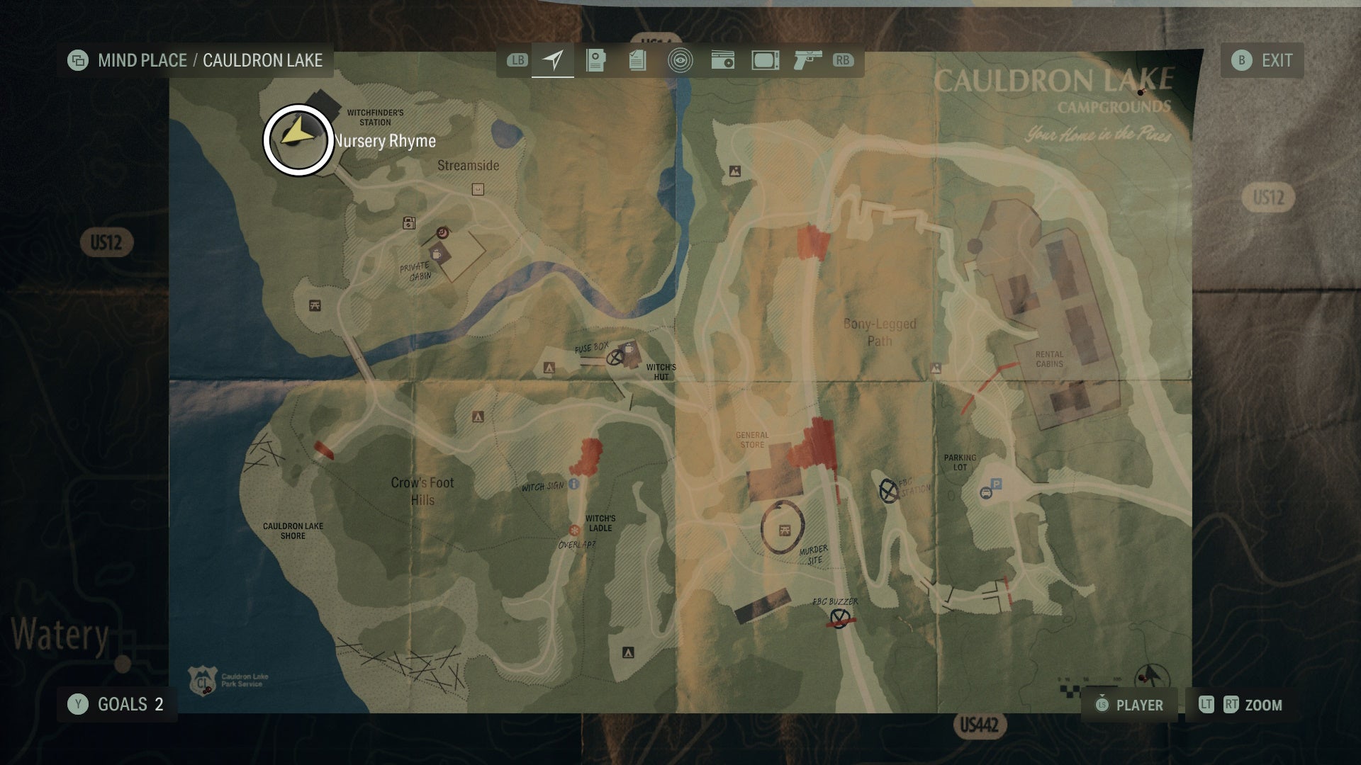 cauldron lake map with a nursery rhyme location circled