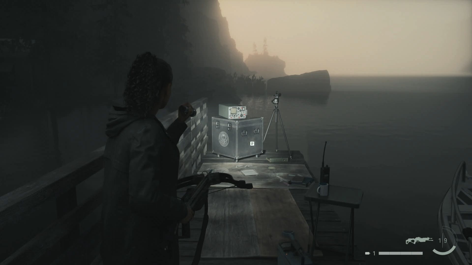 saga shining her flashlight on a nursery rhyme puzzle on the edge of a pier