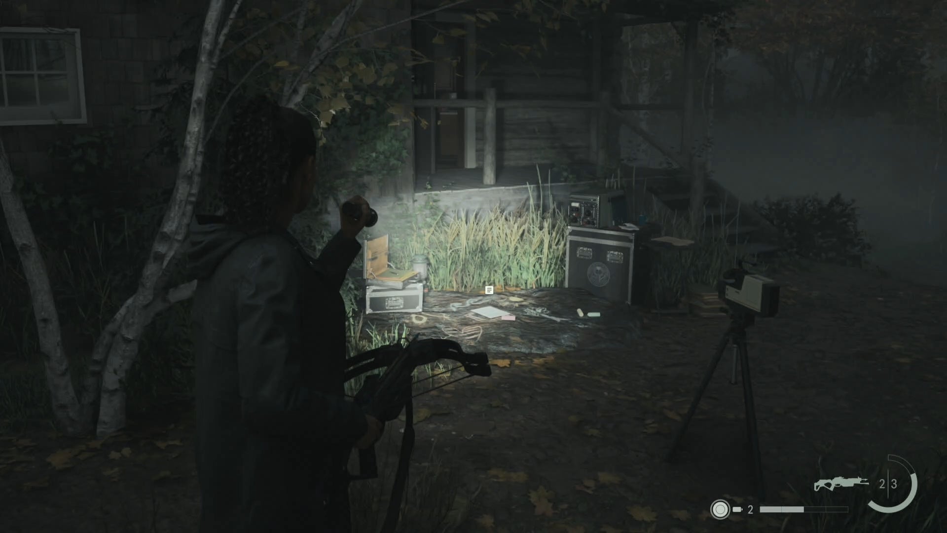 saga shining her flashlight on a nursery rhyme puzzle in front of a wooden cabin in the woods