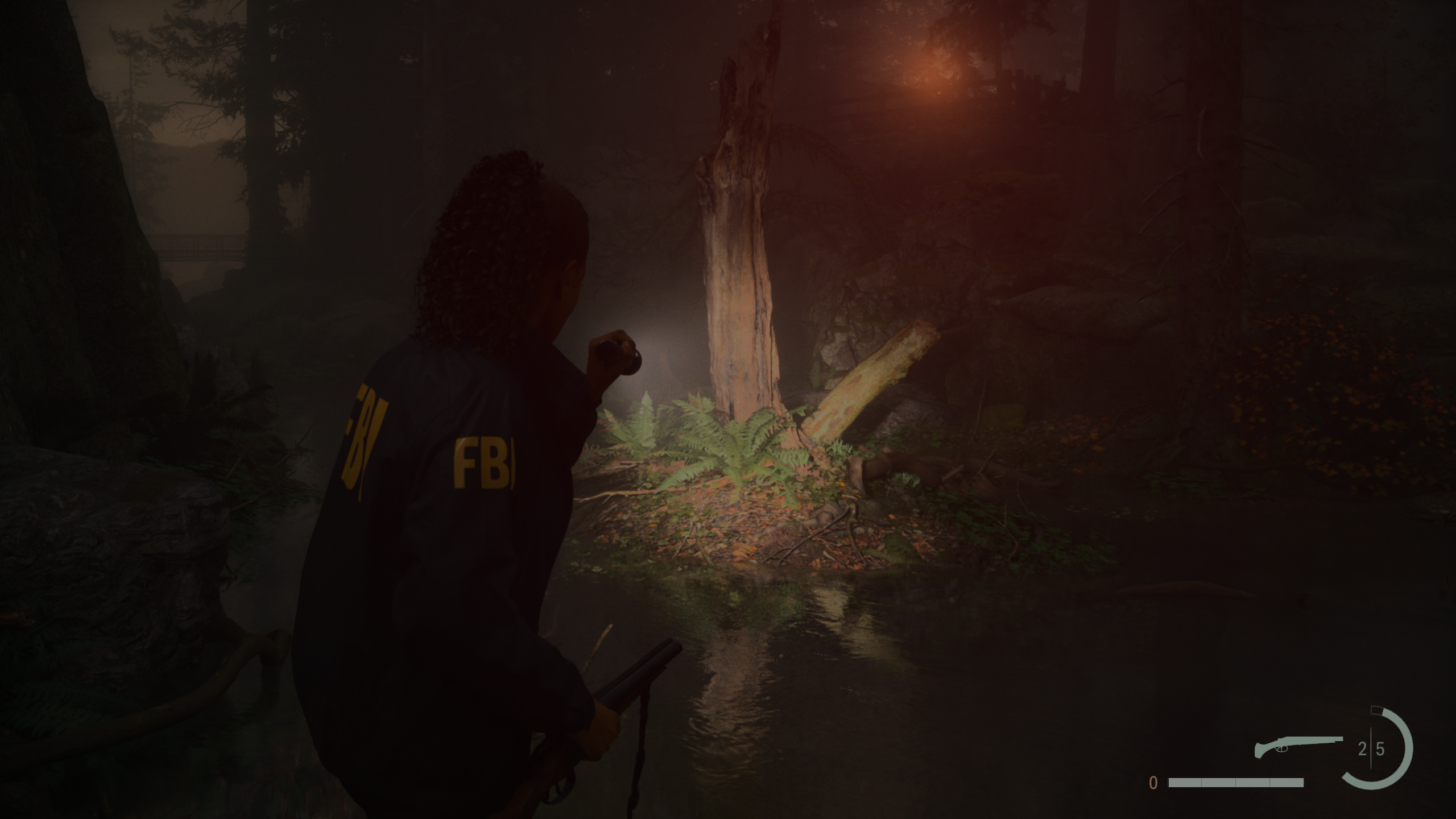A dark forest scene in Alan Wake 2, with ray tracing on its High settings but DLSS Ray Reconstruction switched off.