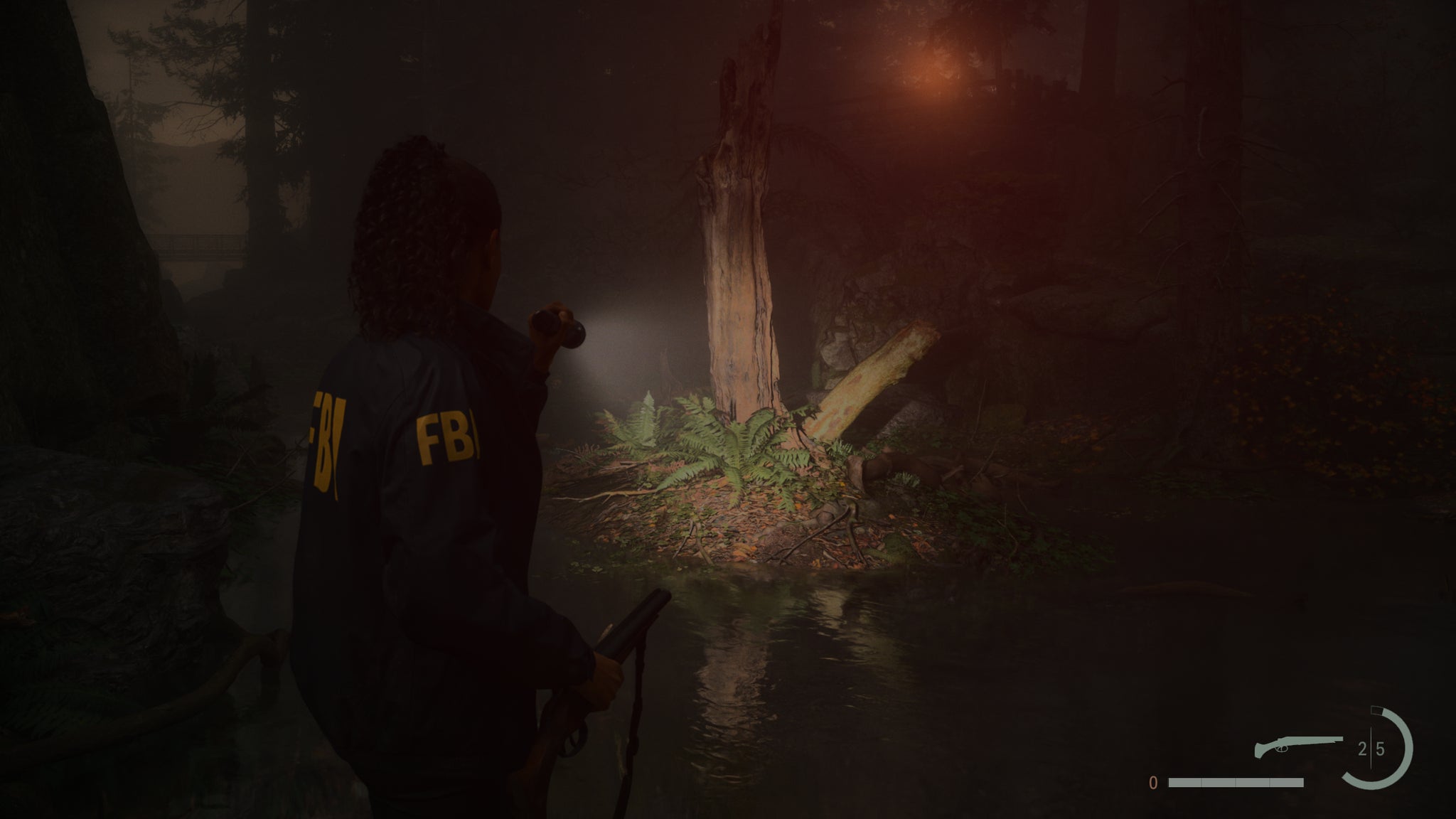A dark forest scene in Alan Wake 2, with ray tracing on its High preset. - 11