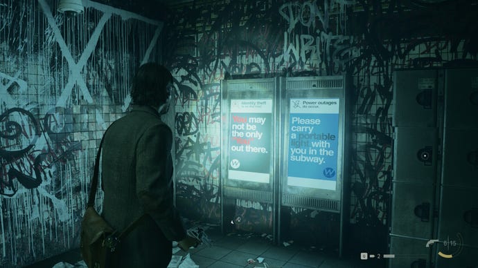 Alan Wake looks at two billboards in Alan Wake 2