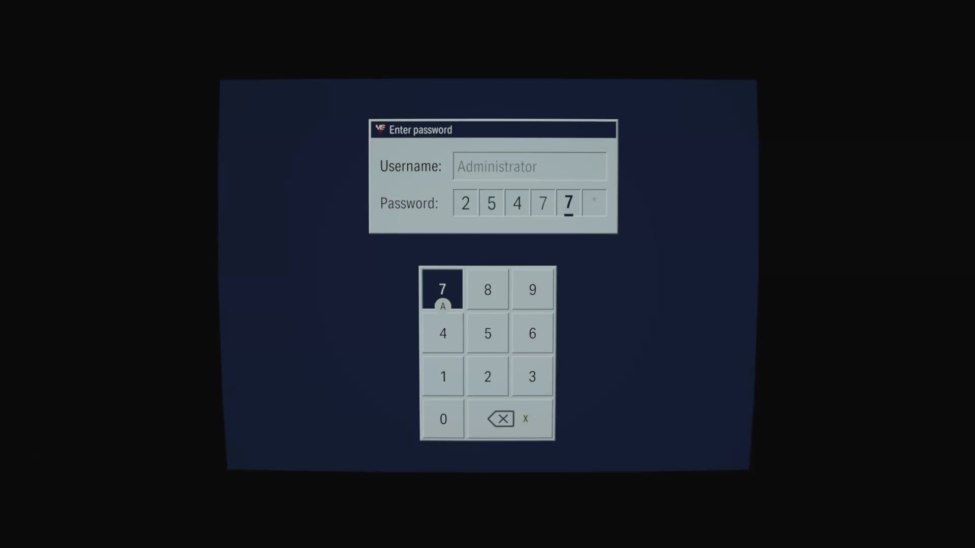 zoomed in on a blue computer screen with grey text boxes asking for the correct password