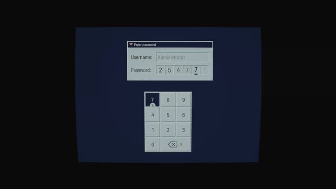 zoomed in on a blue computer screen with grey text boxes asking for the correct password