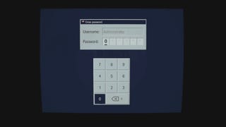 zoomed in on a blue computer screen with grey text boxes asking for the correct password, with the numbers 2547 input