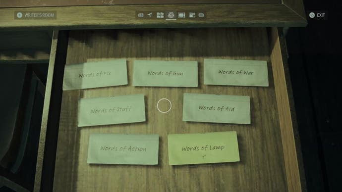 first person view of the word of power menu which looks like small pieces of paper inside a desk drawer
