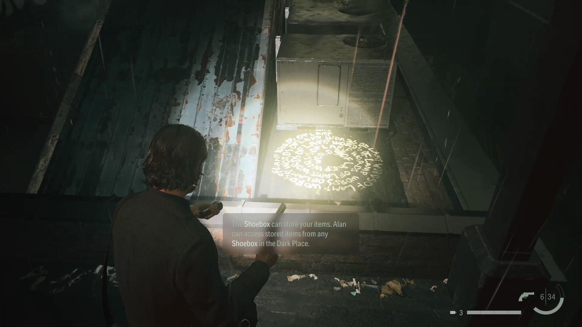 alan shining his flashlight on a word of power beside an air vent on a rooftop