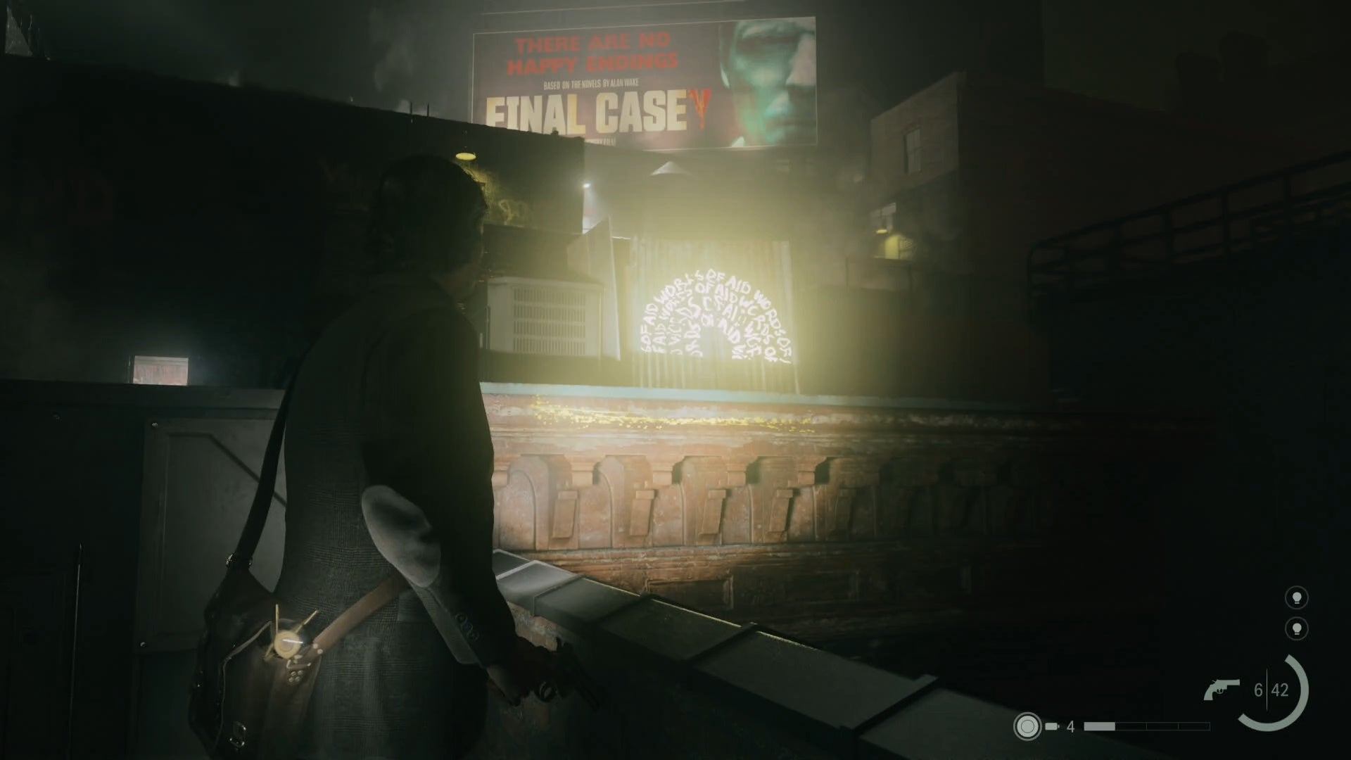 alan shining his flashlight on a word of power printed on a wooden board on a rooftop