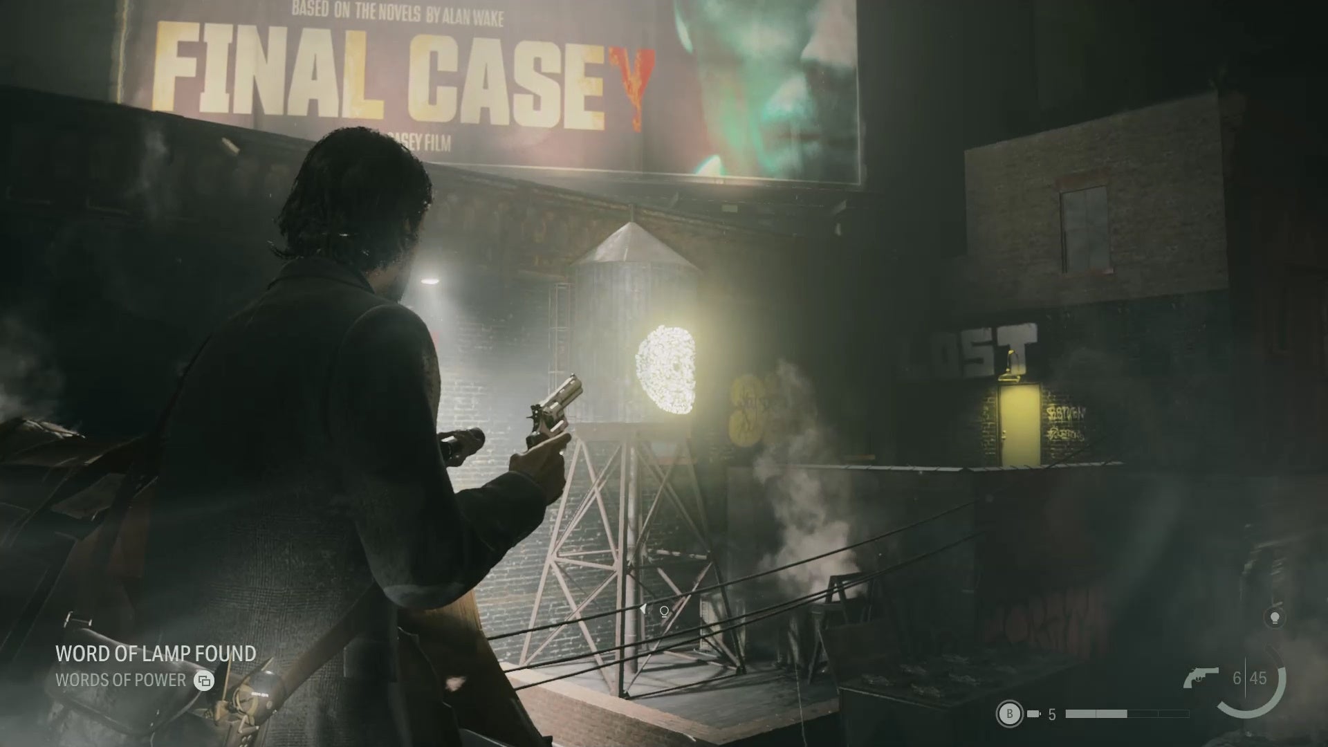 alan shining his flashlight on a word of power on a water tower in the distance, which is on a rooftop below an alex casey billboard