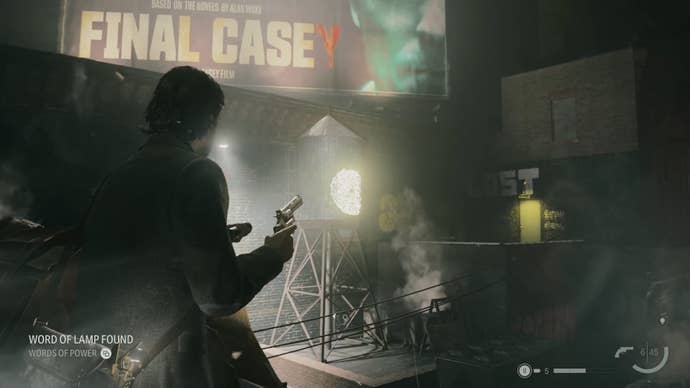 alan shining his flashlight on a word of power on a water tower in the distance, which is on a rooftop below an alex casey billboard