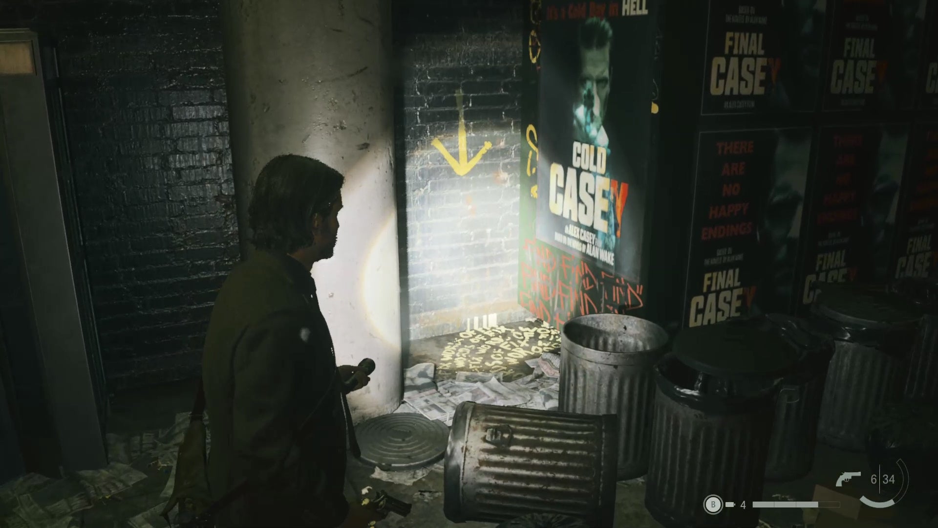 alan shining his flashlight on a word of power on the corner of a messy street with a yellow arrow pointing down to the word