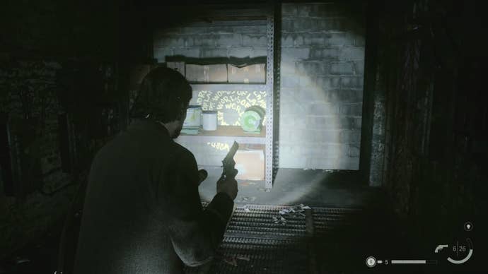 alan shining his flashlight on a word of power on a wall behind a bookcase in a small rundown room in a subway station
