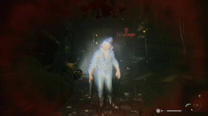 A man fights a ghostly apparition in Alan Wake 2