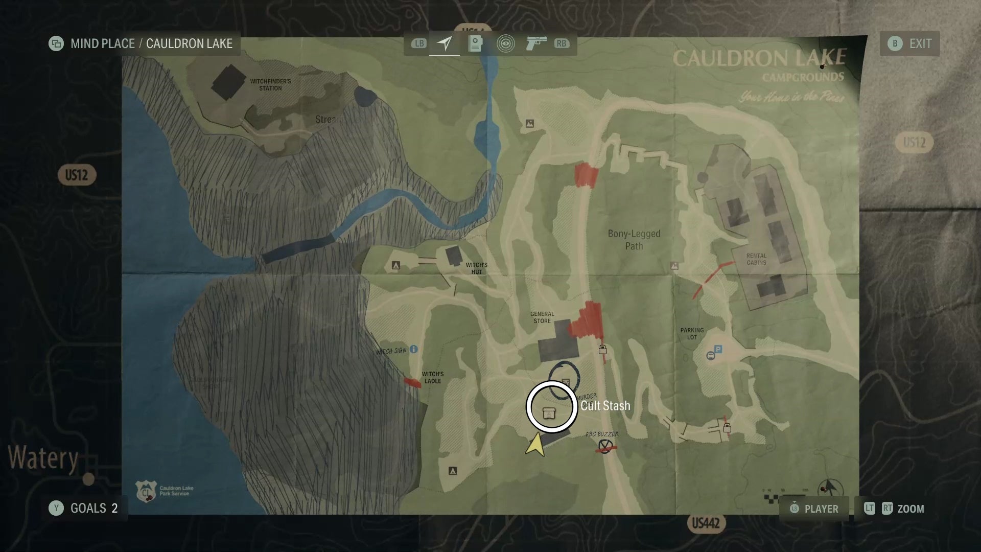 map with a white circle around a cult stash location in cauldron lake