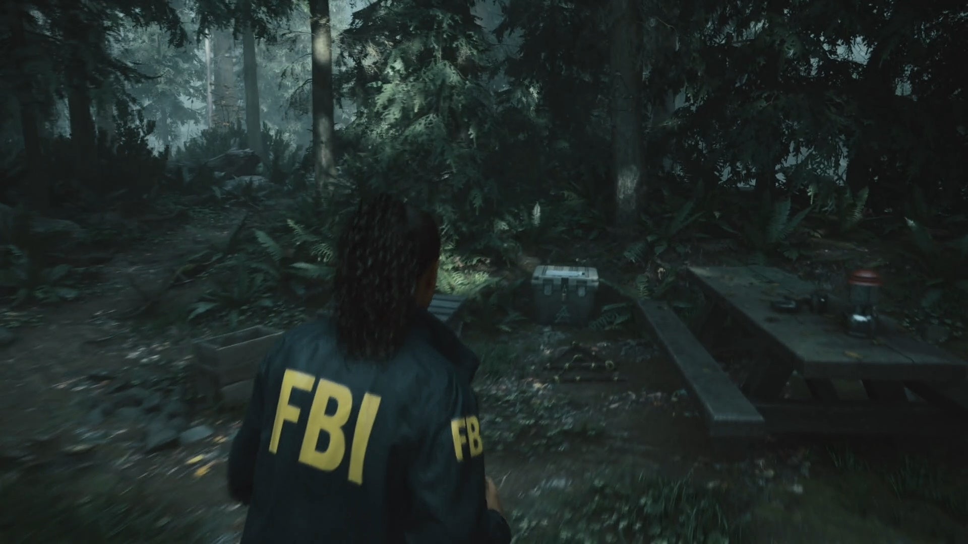 saga looking at a cult stash under trees and near a picnic table in the woods