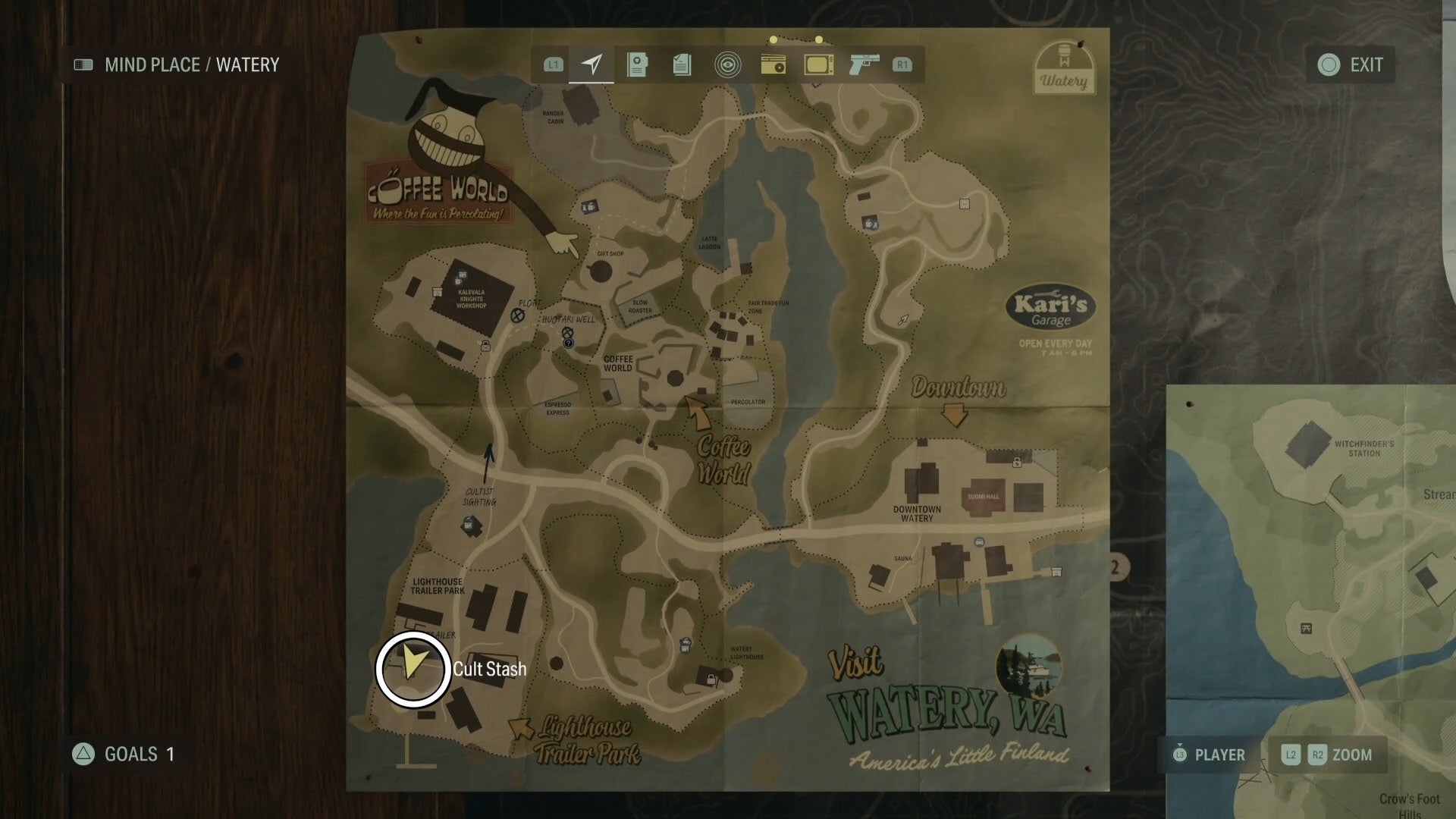 map with a white circle around a cult stash location in watery