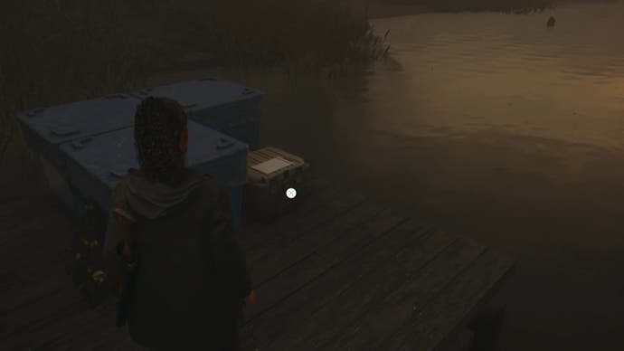 saga shining her flashlight on a cult stash on a wooden pier with water to the right