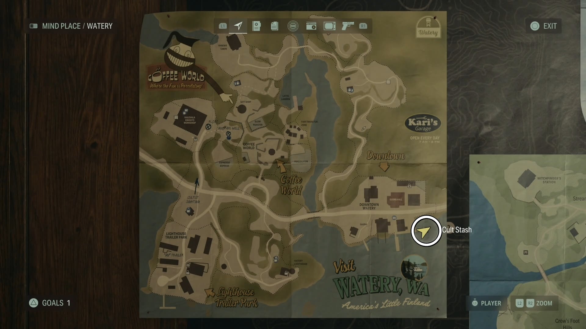 map with a white circle around a cult stash location in watery