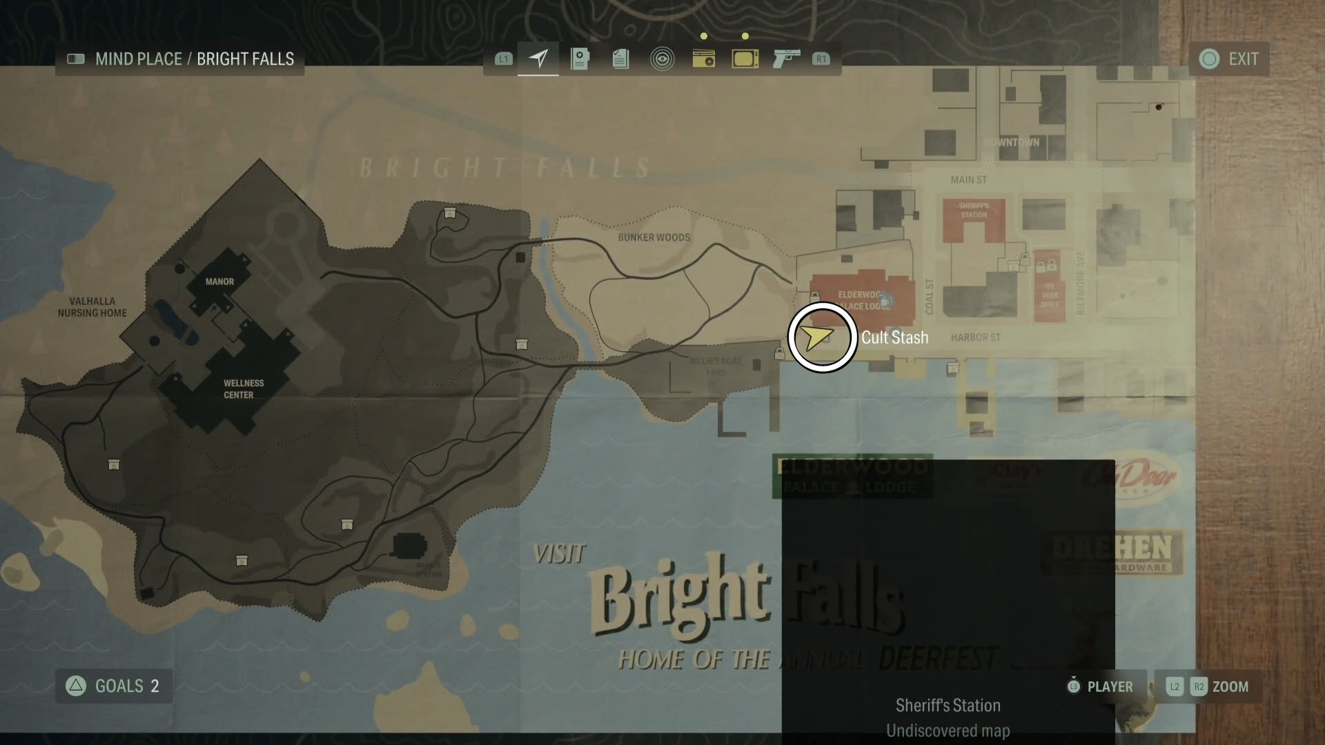 map with a white circle around a cult stash location in bright falls