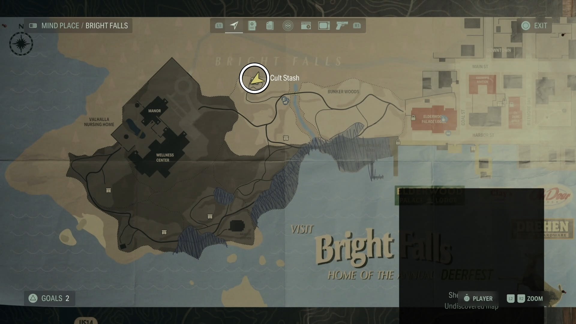 map with a white circle around a cult stash location in bright falls