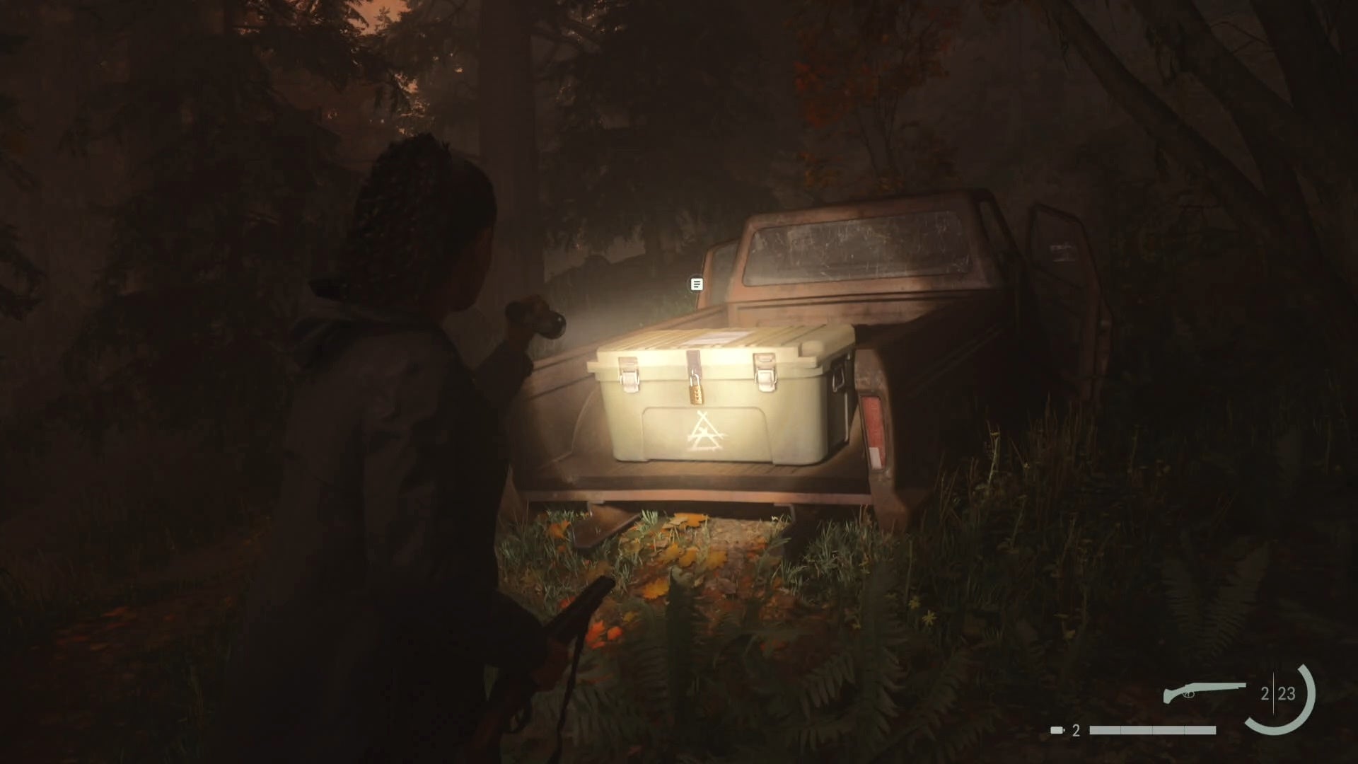 saga shining her flashlight on a cult stash in the back of a rusted pick up truck