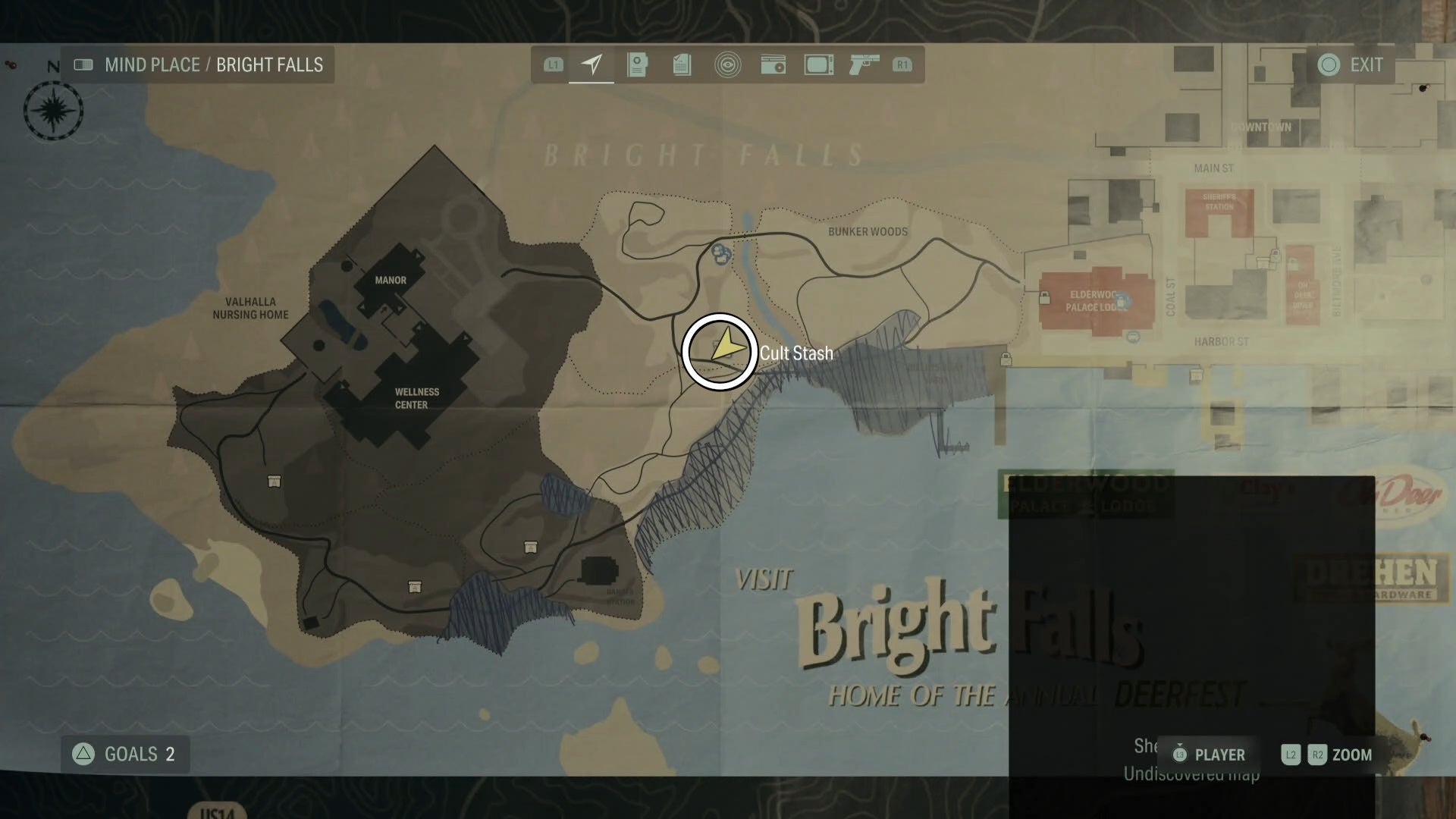 map with a white circle around a cult stash location in bright falls