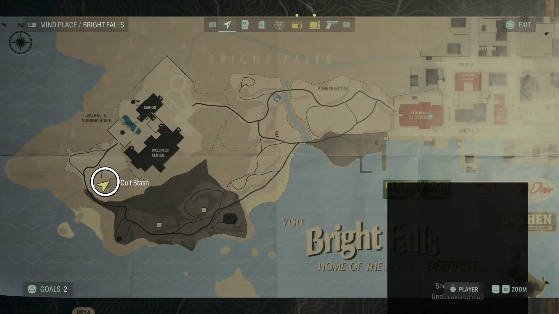 map with a white circle around a cult stash location in bright falls