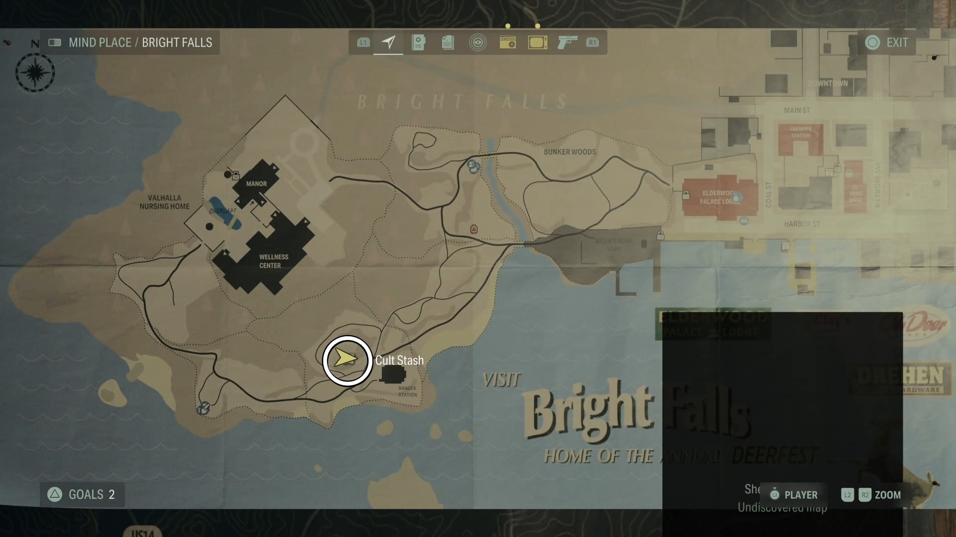 map with a white circle around a cult stash location in bright falls