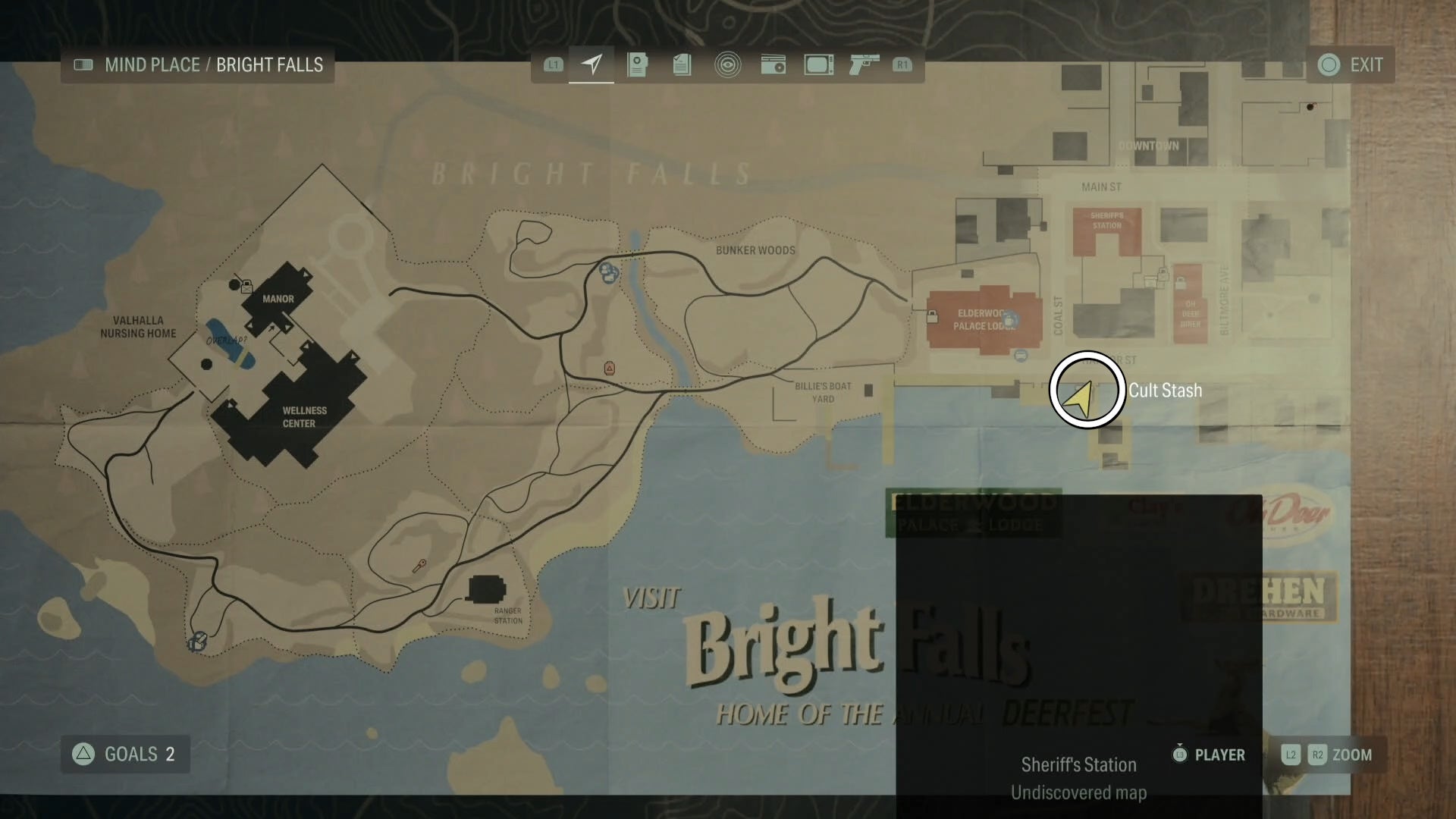 map with a white circle around a cult stash location in bright falls