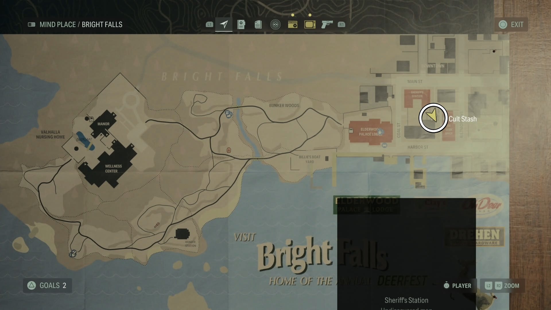 map with a white circle around a cult stash location in bright falls