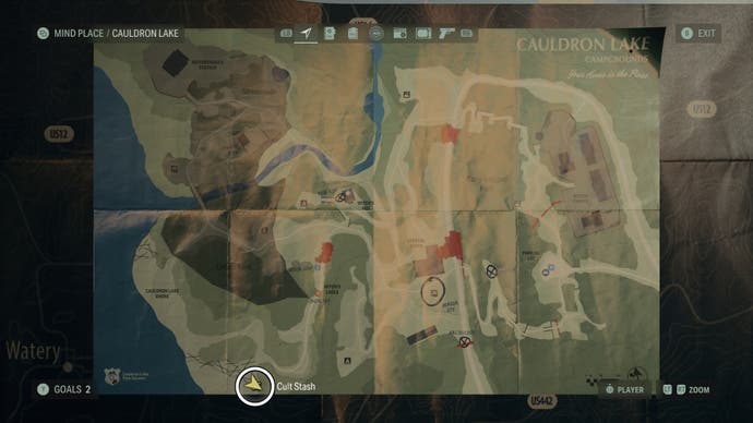 map with a white circle around a cult stash location in cauldron lake