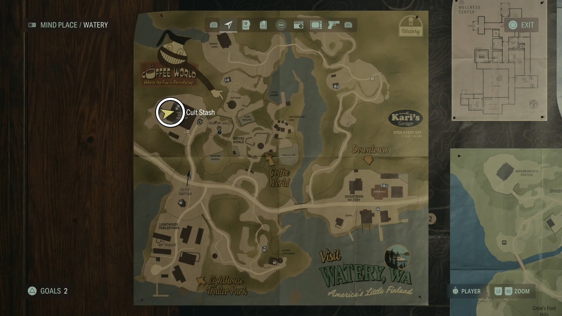 map with a white circle around a cult stash location in watery