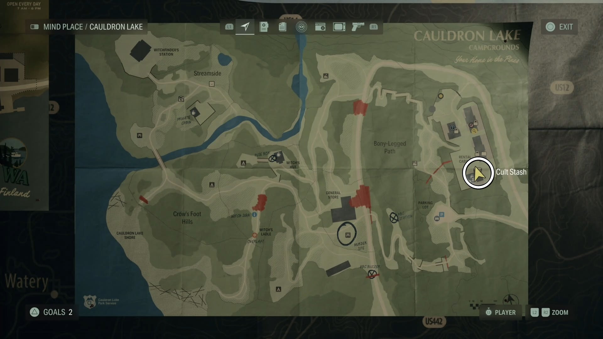 map with a white circle around a cult stash location in cauldron lake
