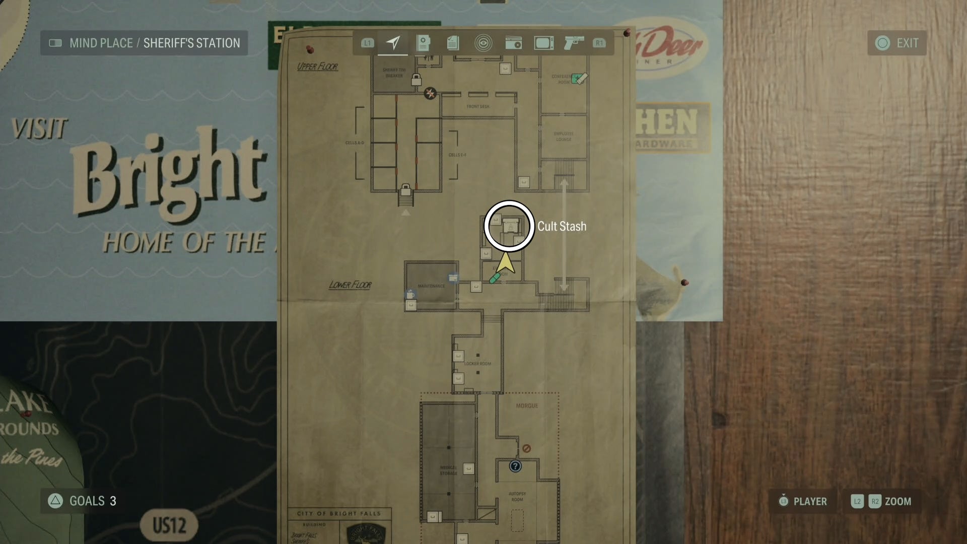 map with a white circle around a cult stash location in the sheriff&rsquo;s station evidence room