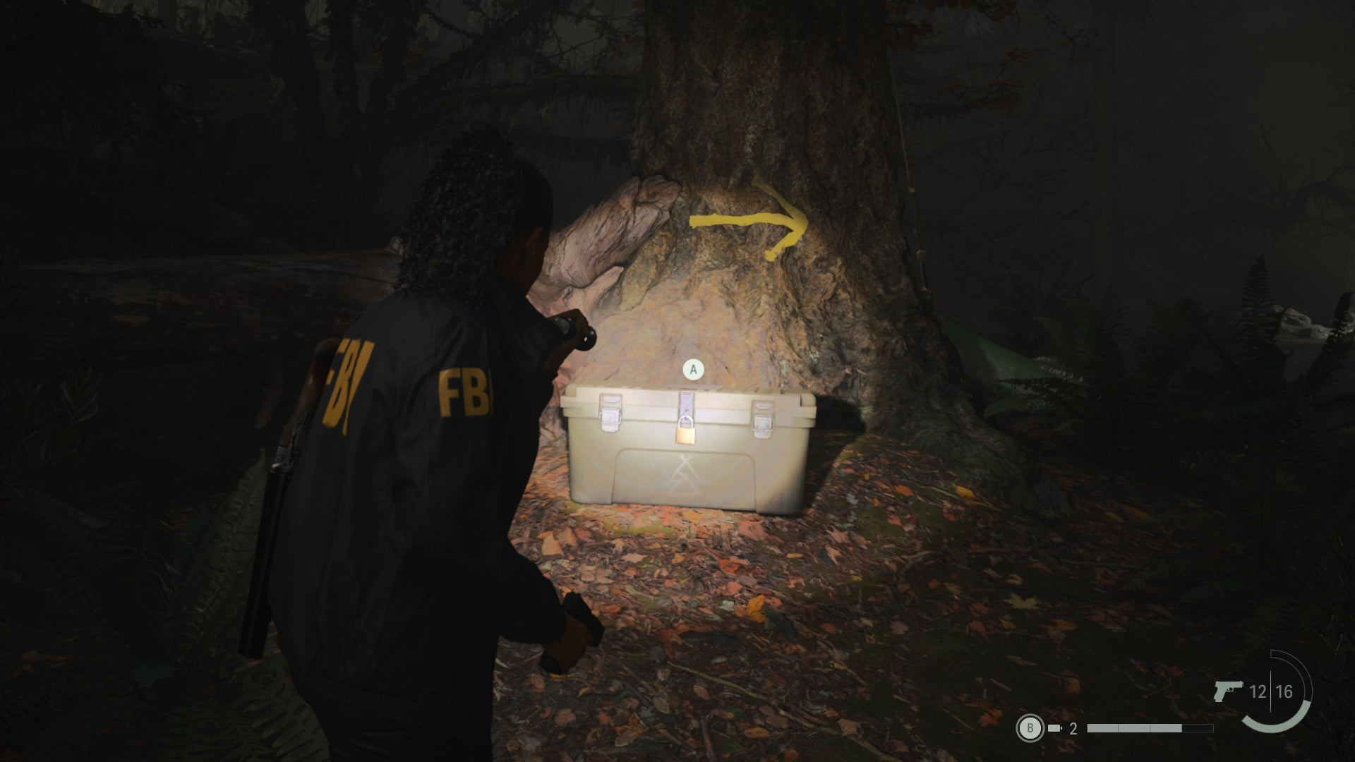 saga shining her flashlight on a cult stash with a yellow arrow above it