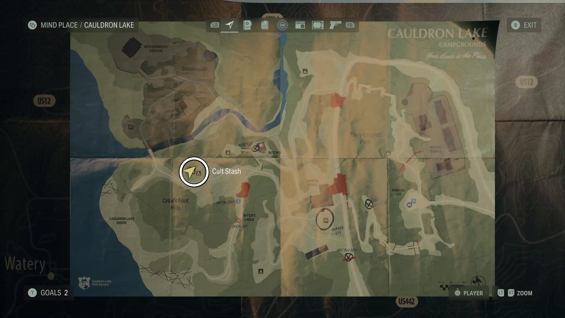map with a white circle around a cult stash location in cauldron lake