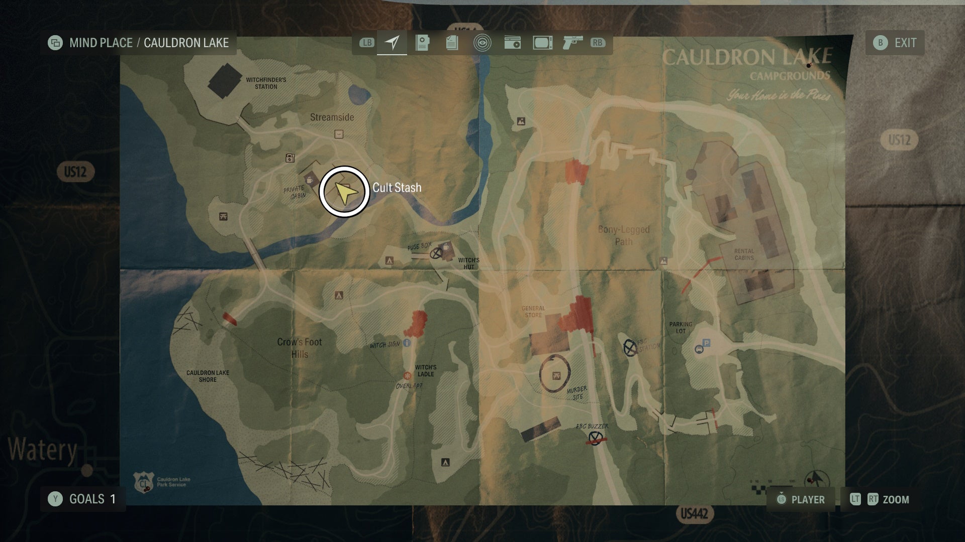 map with a white circle around a cult stash location in cauldron lake