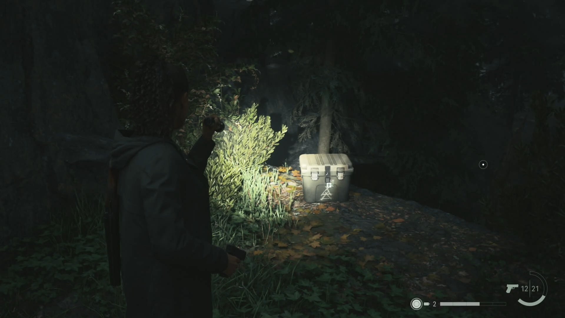 saga shining her flashlight on a cult stash beside some trees