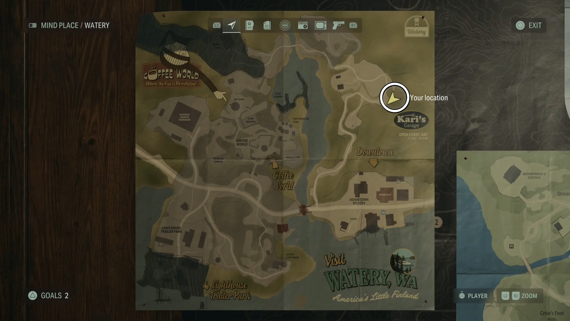 map with a white circle around a cult stash location in watery