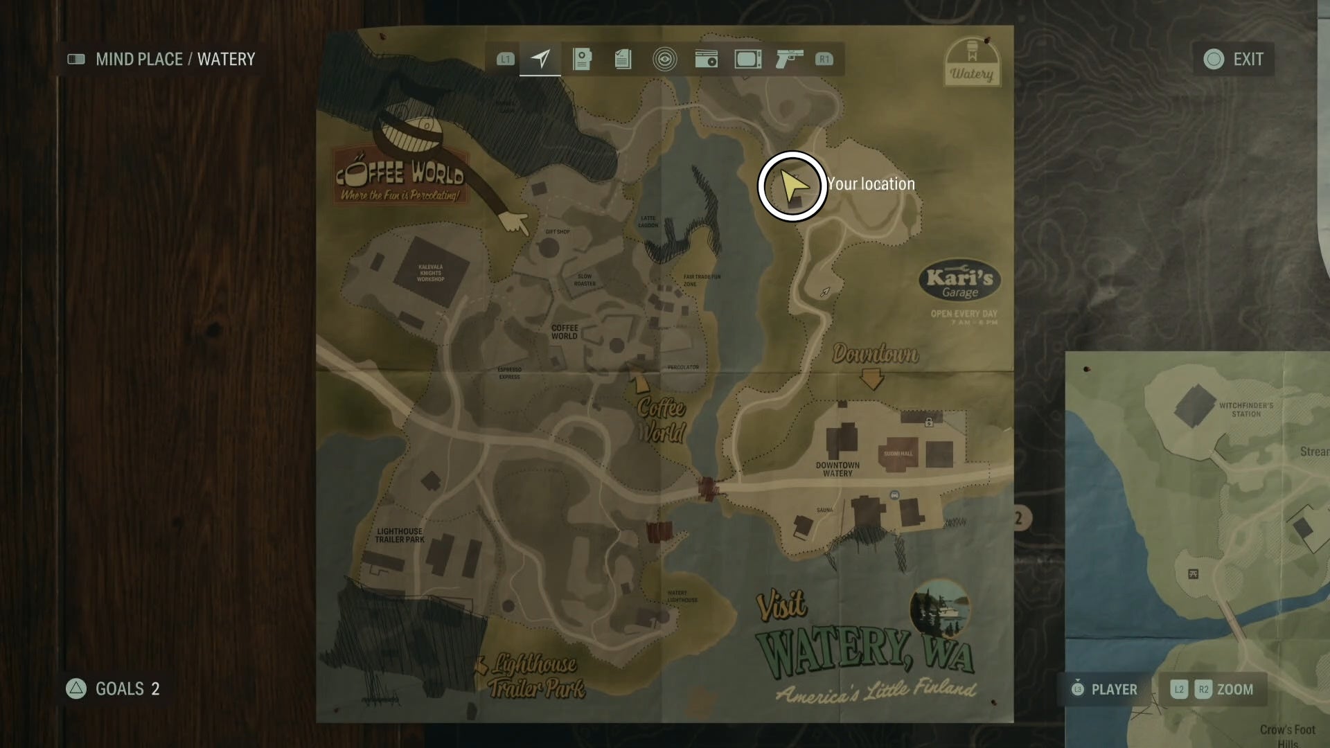 map with a white circle around a cult stash location in watery