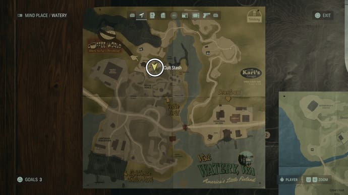 map with a white circle around a cult stash location in watery