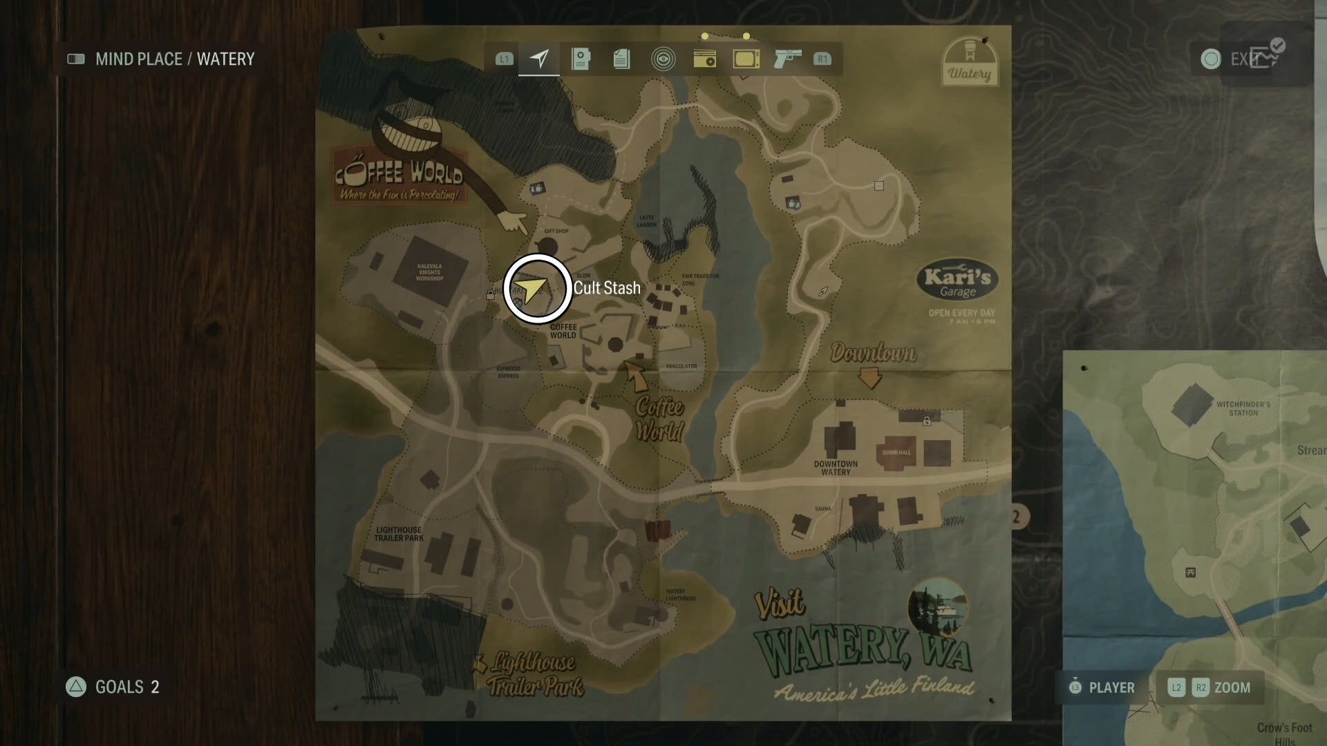 map with a white circle around a cult stash location in watery