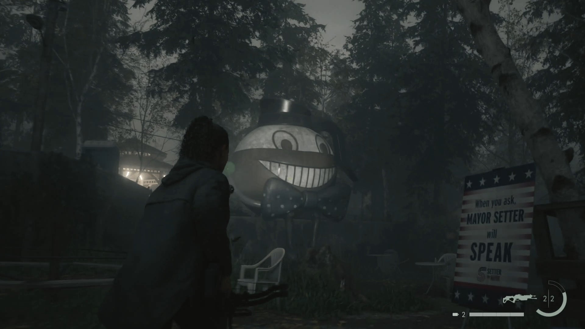 saga looking at the mr drippy cardboard cutout, a coffee pot mascot for a theme park