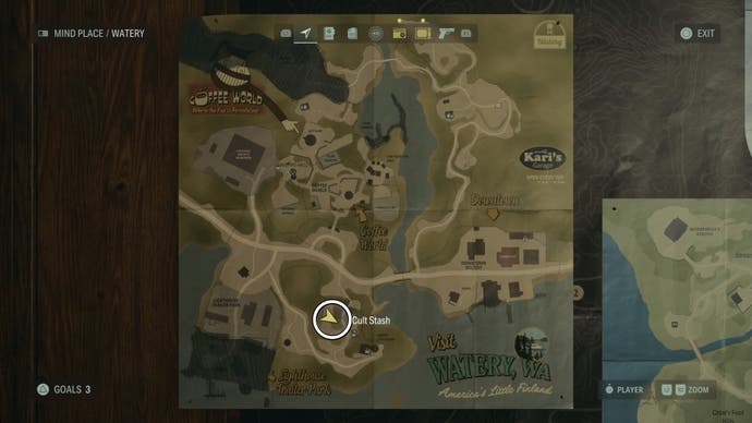 map with a white circle around a cult stash location in watery