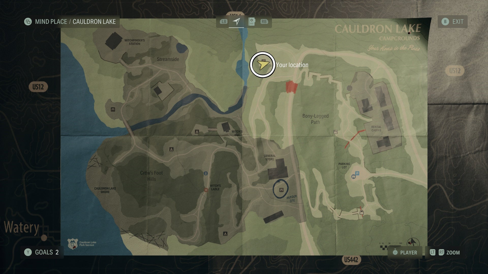 cauldron lake map of a lunch box location circled in white