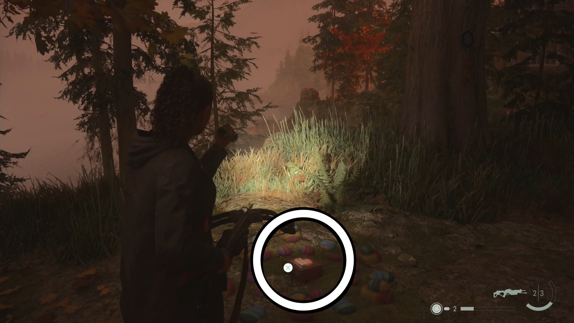 saga shining her flashlight on a lunch box on the floor of a forest